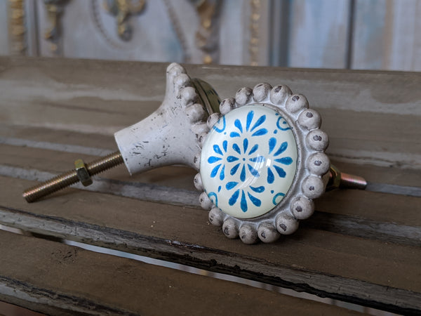 NEW French Vintage Shabby Chic CREAM Blue Metal Door Drawer KNOB Pull Handle Finial