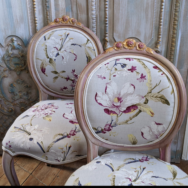FRENCH LOUIS Shabby Chic Painted Dusky Pink Carved Floral LINEN Hall Boudoir Chair