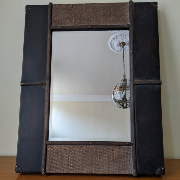 NEW Wood & Rattan Leather Stud Distressed Shabby Chic Large Rustic Wall Mirror