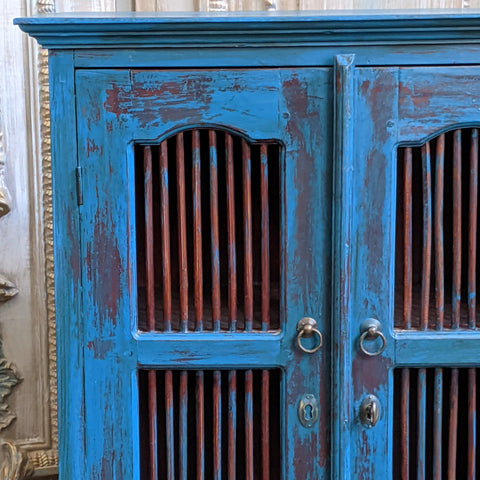 Vintage INDIAN Painted Hardwood TEAL Blue Rustic Cabinet Cupboard Sideboard Unit