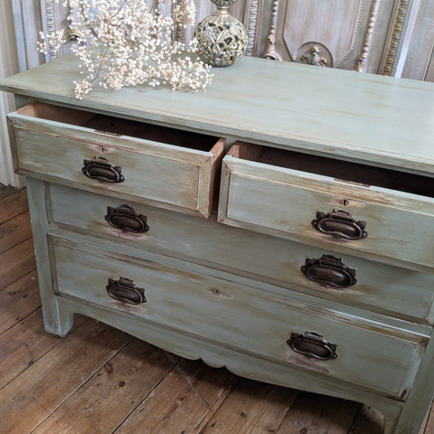 ANTIQUE Art Nouveau Distressed GREEN Painted Shabby Chic Chest of 2 Over 2 Drawer Unit