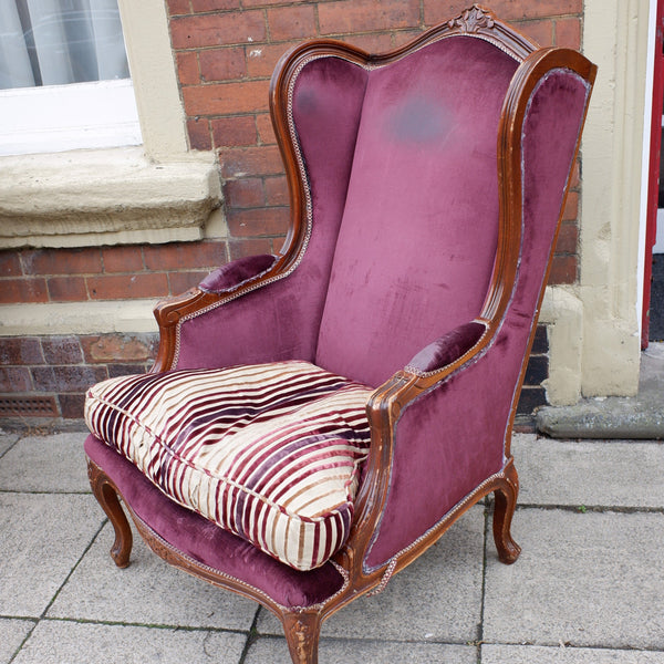 Vintage FRENCH Louis Shabby Chic WING Back High Back Throne Carved Armchair Chair