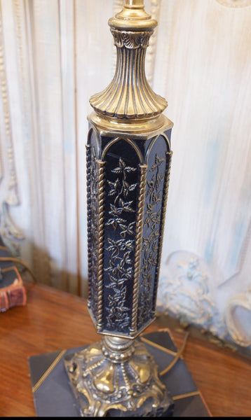 Pair of Antique Tall FRENCH Ornate METAL Black & Gold Column Marble Table Lamps