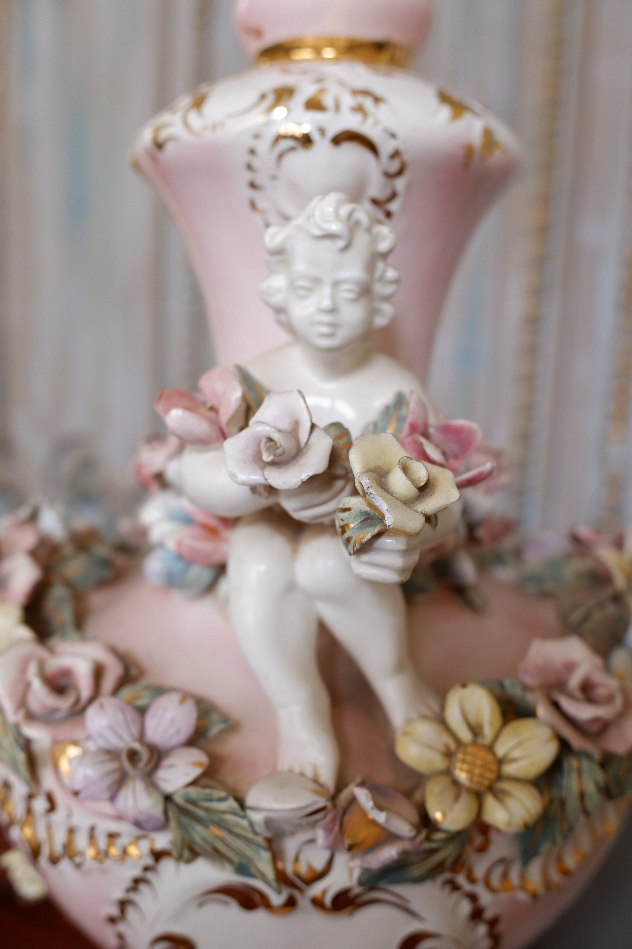 Capodimonte Italy Floral cheapest Flowers Cherub Goldtone Trim Lamp Base Part Vintage