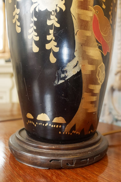 Pair of Antique Black & Gold Chinese/Japanese Oriental Metal Table Lamps