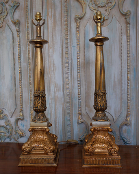 Pair of Antique Tall FRENCH Ornate METAL Gold Column Marble Rustic Table Lamps