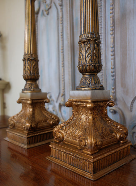 Pair of Antique Tall FRENCH Ornate METAL Gold Column Marble Rustic Table Lamps