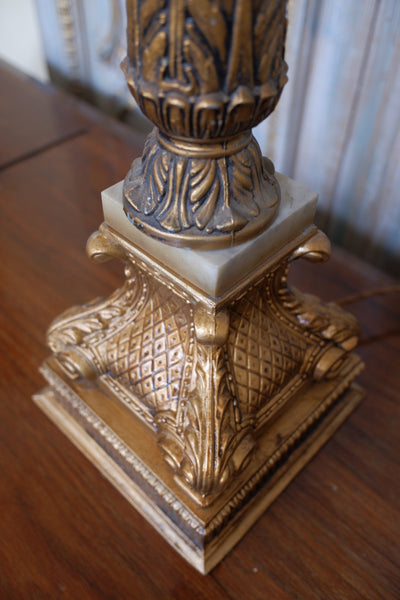 Pair of Antique Tall FRENCH Ornate METAL Gold Column Marble Rustic Table Lamps