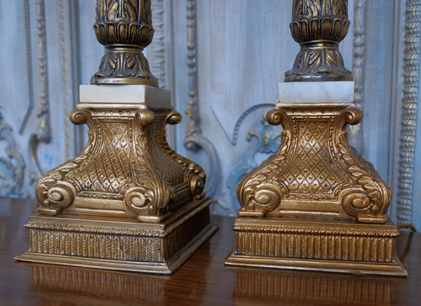 Pair of Antique Tall FRENCH Ornate METAL Gold Column Marble Rustic Table Lamps