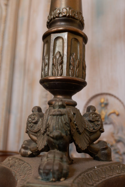 Pair of Vintage French Rustic Bronze Ornate Metal Candelabra Column Table Lamps