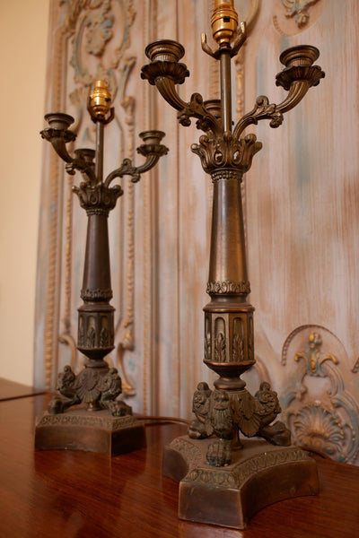 Pair of Vintage French Rustic Bronze Ornate Metal Candelabra Column Table Lamps