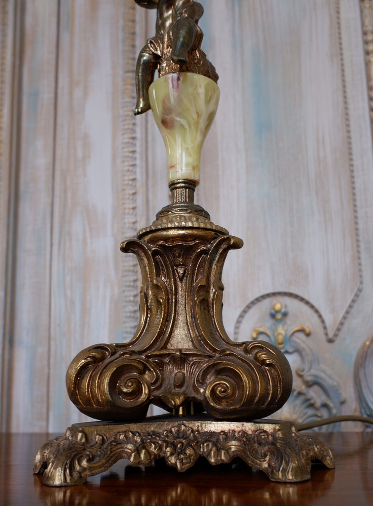 Huge Vintage 1960 French brass onyx Table lamp 3 Graces lady