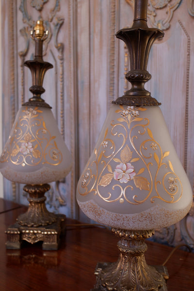 Pair of Antique FRENCH Ornate Frosted Glass & Metal GOLD Table Bedside Lamps