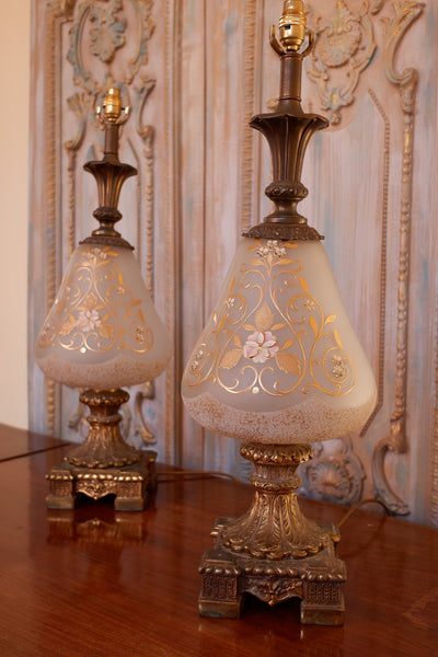 Pair of Antique FRENCH Ornate Frosted Glass & Metal GOLD Table Bedside Lamps