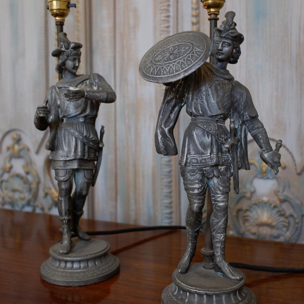 Pair of Antique FRENCH Metal GREY Army Soldier Men Figures Table Bedside Lamps