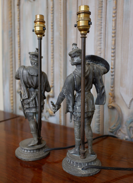 Pair of Antique FRENCH Metal GREY Army Soldier Men Figures Table Bedside Lamps