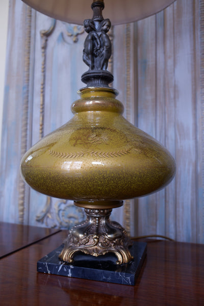 Pair of Antique FRENCH Cherub Ornate Glass & Metal GOLD Bulbous Table Bedside Lamps