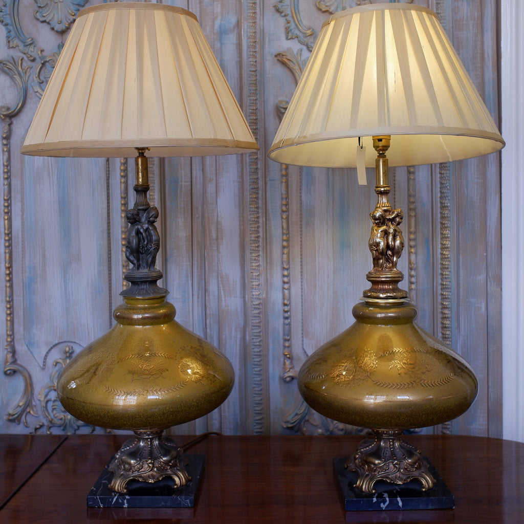 Pair of Antique FRENCH Cherub Ornate Glass & Metal GOLD Bulbous