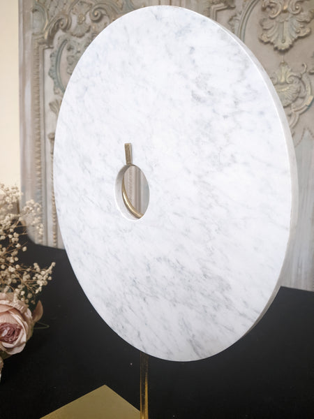 New Natural Handmade Stone Modern White MARBLE Disc on Gold Stand